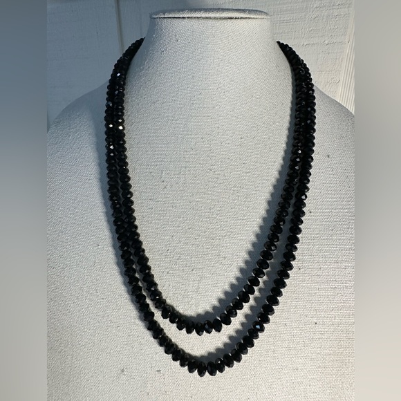 Ultra long black glass faceted bead necklace - Picture 1 of 6